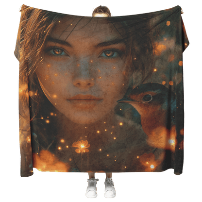 Robin Sitting in Glowing Forest Meadow Next to Young Girl Surrounded by Bioluminescent Flowers and Fireflies Fleece Sherpa Blanket - Awakening Righteousness