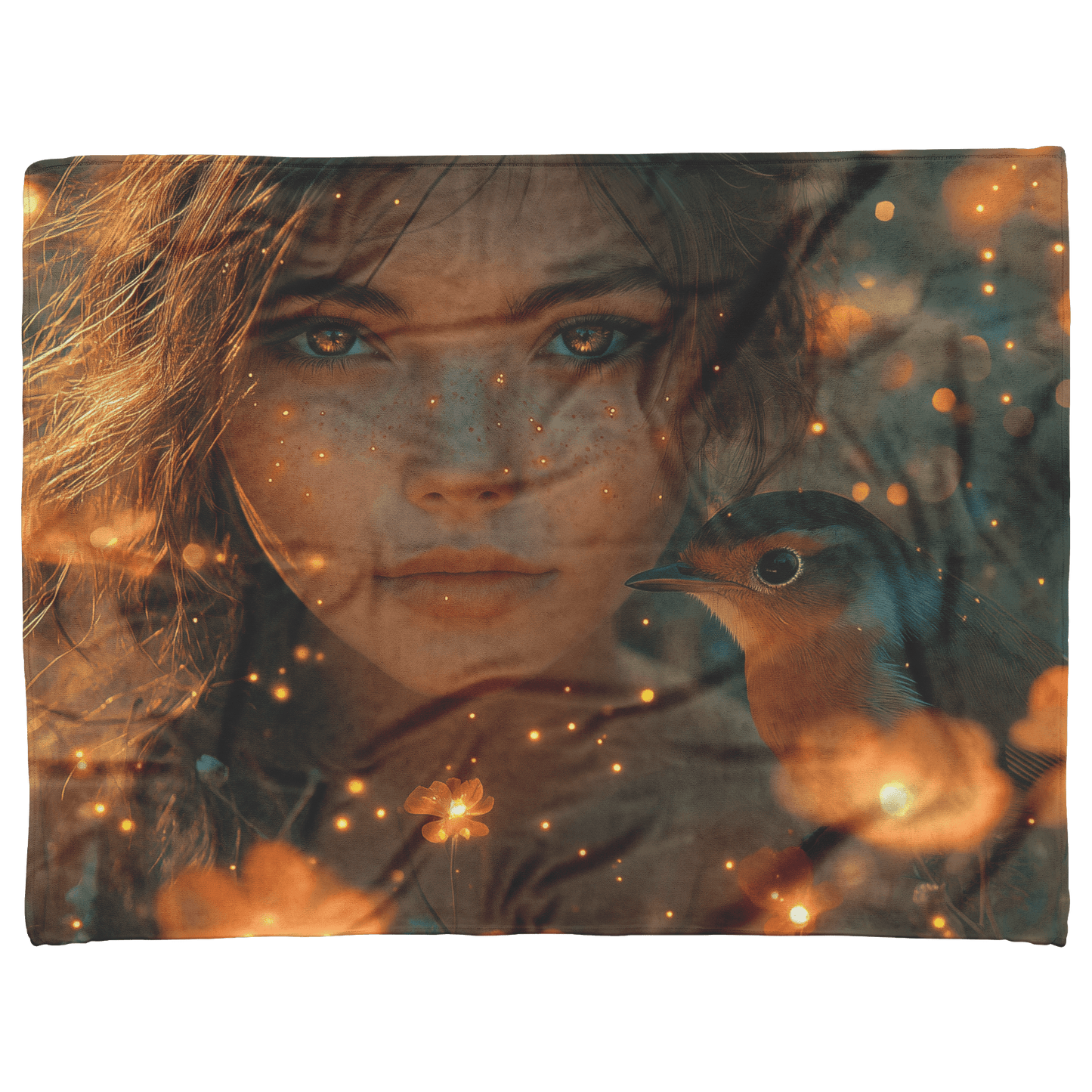 Robin Sitting in Glowing Forest Meadow Next to Young Girl Surrounded by Bioluminescent Flowers and Fireflies Fleece Sherpa Blanket - Awakening Righteousness