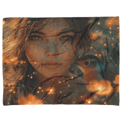 Robin Sitting in Glowing Forest Meadow Next to Young Girl Surrounded by Bioluminescent Flowers and Fireflies Fleece Sherpa Blanket - Awakening Righteousness