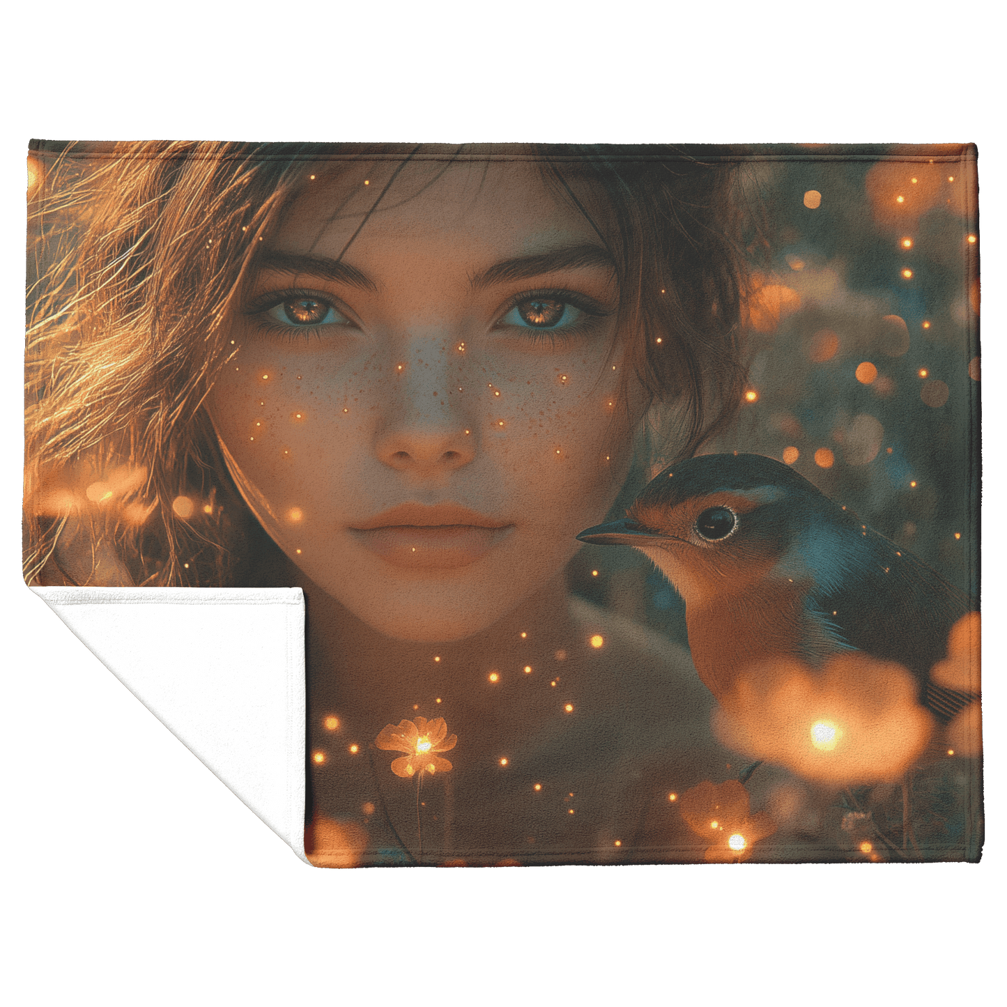 Robin Sitting in Glowing Forest Meadow Next to Young Girl Surrounded by Bioluminescent Flowers and Fireflies Fleece Sherpa Blanket - Awakening Righteousness