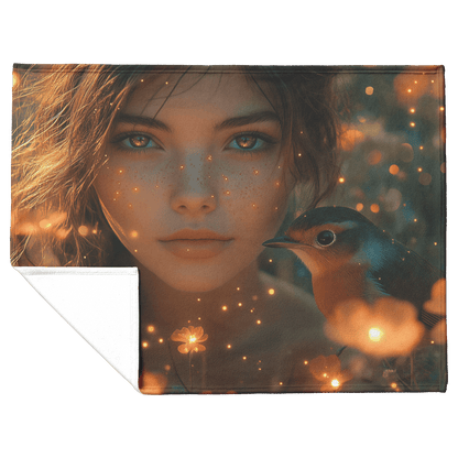 Robin Sitting in Glowing Forest Meadow Next to Young Girl Surrounded by Bioluminescent Flowers and Fireflies Fleece Sherpa Blanket - Awakening Righteousness