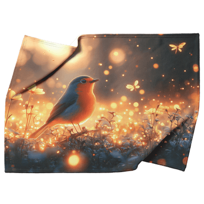 Robin Sitting in Glowing Forest Meadow Surrounded by Bioluminescent Flowers and Golden Fireflies Under Twilight Skies Fleece Sherpa Blanket - Awakening Righteousness