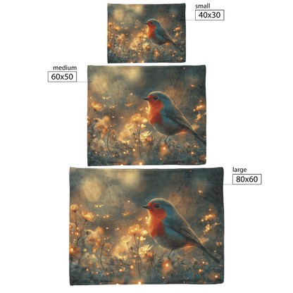 Robin Sitting in Glowing Forest Meadow Surrounded by Bioluminescent Flowers and Golden Fireflies Under Twilight Skies Fleece Sherpa Blanket - Awakening Righteousness