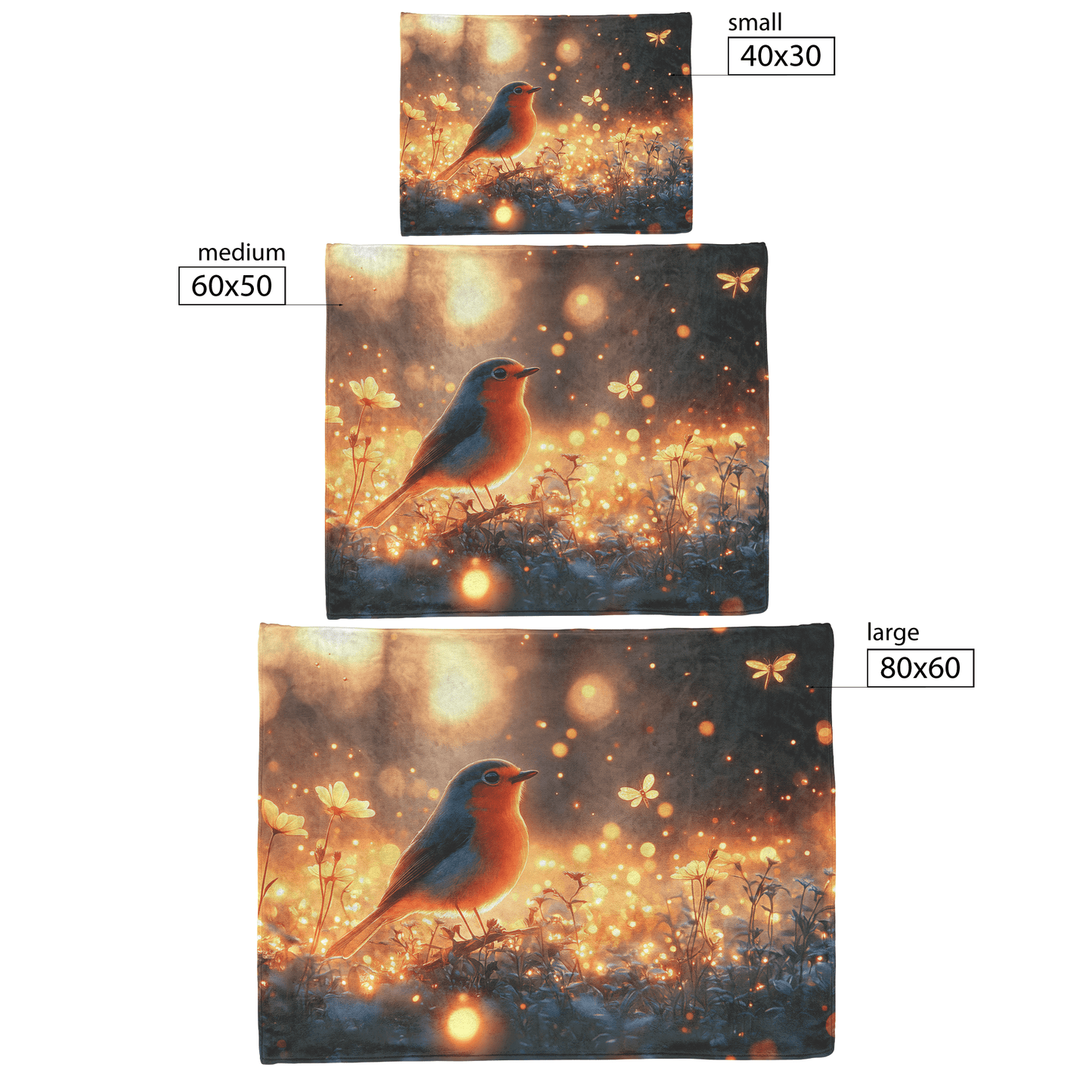 Robin Sitting in Glowing Forest Meadow Surrounded by Bioluminescent Flowers and Golden Fireflies Under Twilight Skies Fleece Sherpa Blanket - Awakening Righteousness