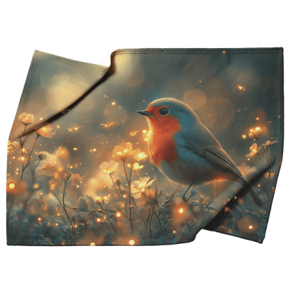 Robin Sitting in Glowing Forest Meadow Surrounded by Bioluminescent Flowers and Golden Fireflies Under Twilight Skies Fleece Sherpa Blanket - Awakening Righteousness