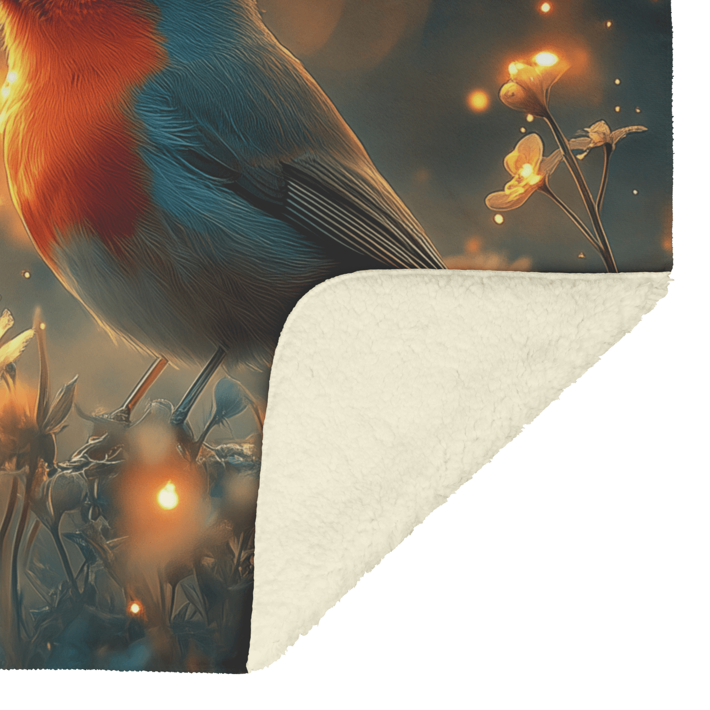 Robin Sitting in Glowing Forest Meadow Surrounded by Bioluminescent Flowers and Golden Fireflies Under Twilight Skies Fleece Sherpa Blanket - Awakening Righteousness