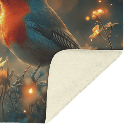 Robin Sitting in Glowing Forest Meadow Surrounded by Bioluminescent Flowers and Golden Fireflies Under Twilight Skies Fleece Sherpa Blanket - Awakening Righteousness