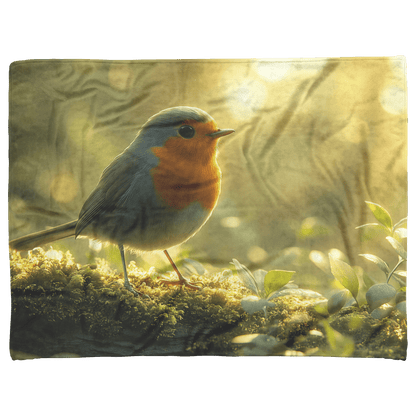 Robin Sitting on Mossy Glowing Log Surrounded by Green Plants and Morning Mist Under Golden Sunlight Fleece Sherpa Blanket - Awakening Righteousness