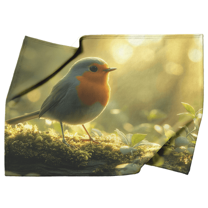 Robin Sitting on Mossy Glowing Log Surrounded by Green Plants and Morning Mist Under Golden Sunlight Fleece Sherpa Blanket - Awakening Righteousness