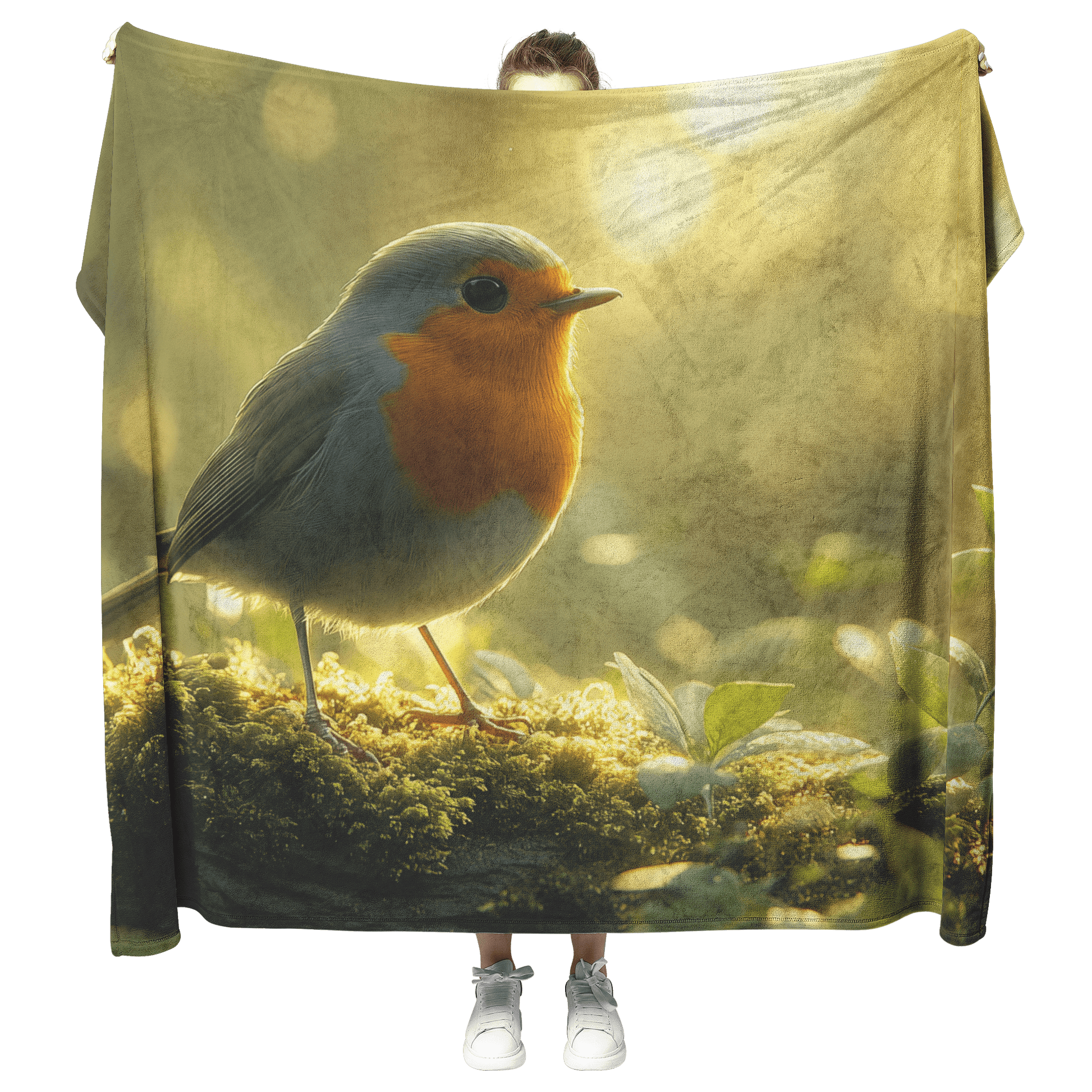 Robin Sitting on Mossy Glowing Log Surrounded by Green Plants and Morning Mist Under Golden Sunlight Fleece Sherpa Blanket - Awakening Righteousness