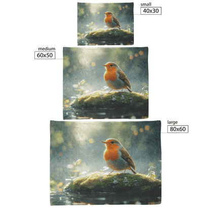 Robin Sitting on Mossy Glowing Log Surrounded by Soft Green Plants and Morning Mist Under Golden Sunlight Fleece Sherpa Blanket - Awakening Righteousness