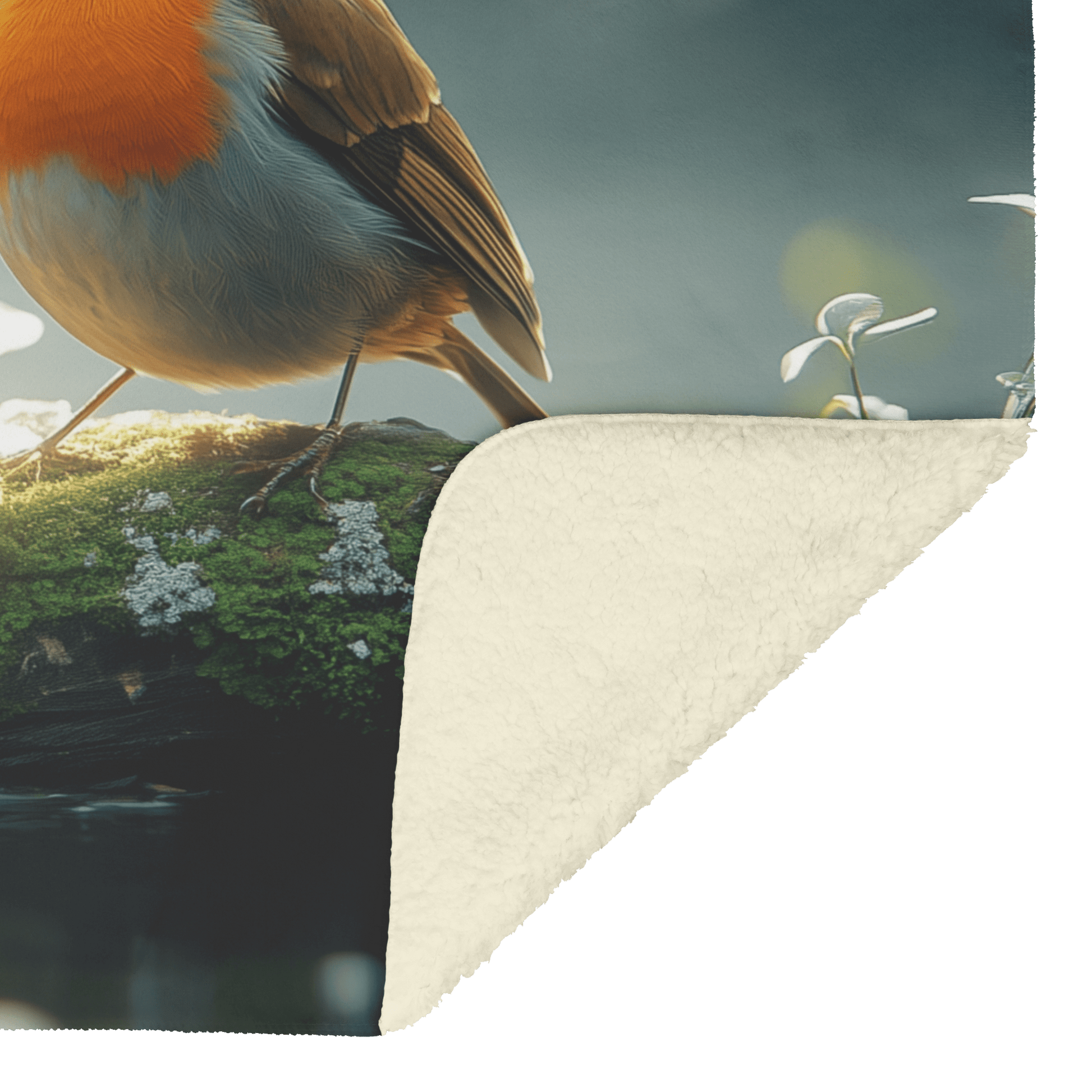 Robin Sitting on Mossy Glowing Log Surrounded by Soft Green Plants and Morning Mist Under Golden Sunlight Fleece Sherpa Blanket - Awakening Righteousness