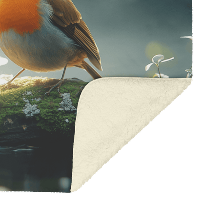 Robin Sitting on Mossy Glowing Log Surrounded by Soft Green Plants and Morning Mist Under Golden Sunlight Fleece Sherpa Blanket - Awakening Righteousness
