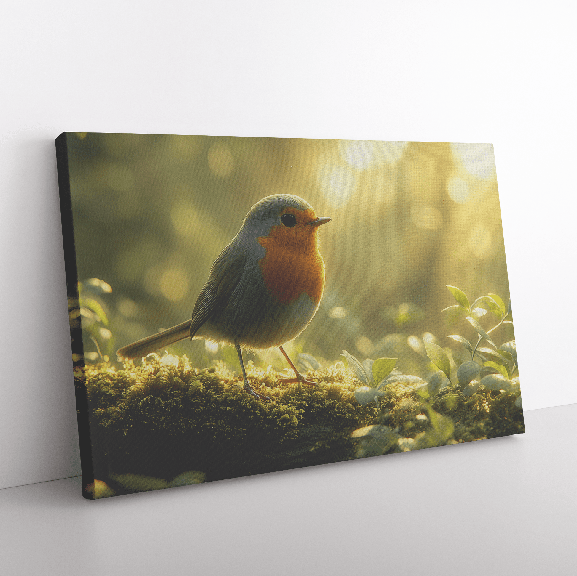 Robin Sitting On Mossy Glowing Log With Soft Green Plants And Morning Mist Under Golden Sunlight Canvas Wall Art Decor - Awakening Righteousness