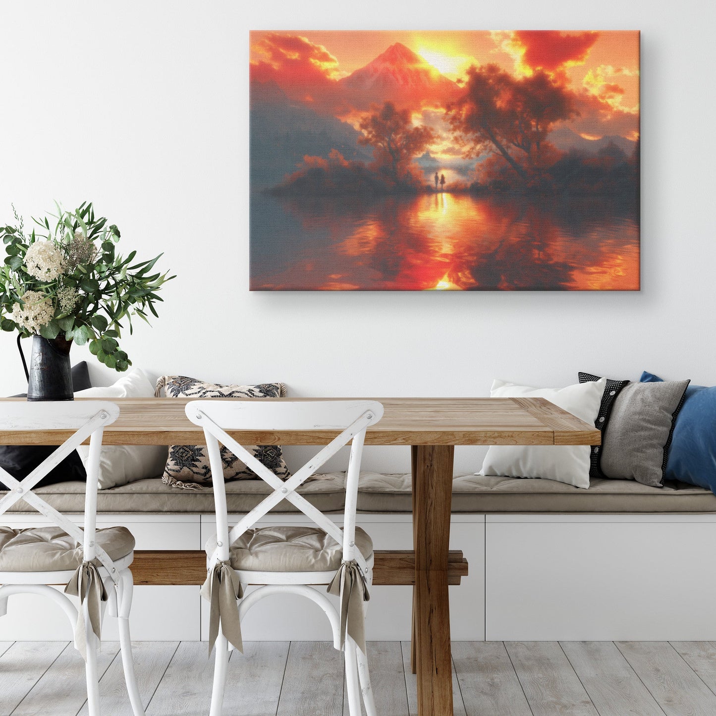 Romantic Sunset by Mountain Lake with Fiery Reflection Canvas Wall Art Decor - Awakening Righteousness