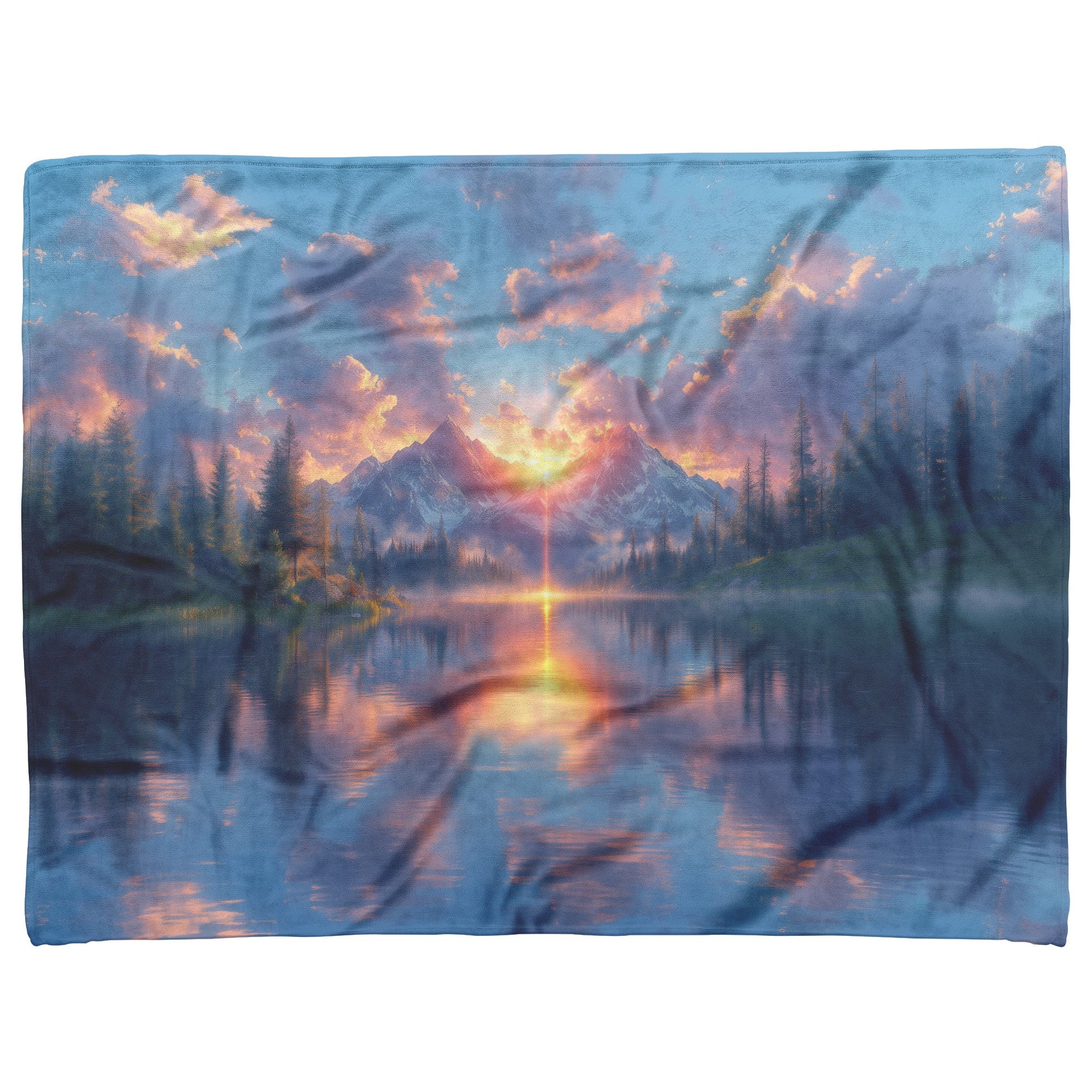 Rose Sunset Over Serene Mountain Lake Snowy Peaks Misty Clouds Radiant Golden Light Fleece Sherpa Blanket - Awakening Righteousness