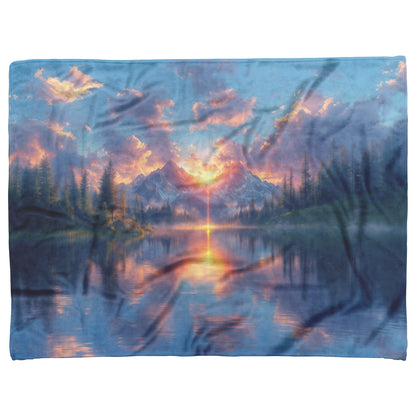 Rose Sunset Over Serene Mountain Lake Snowy Peaks Misty Clouds Radiant Golden Light Fleece Sherpa Blanket - Awakening Righteousness