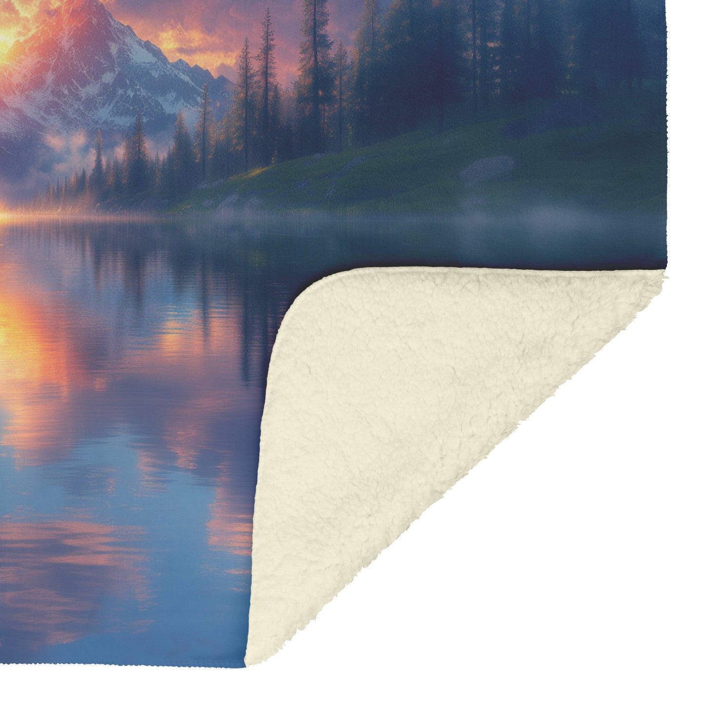 Rose Sunset Over Serene Mountain Lake Snowy Peaks Misty Clouds Radiant Golden Light Fleece Sherpa Blanket - Awakening Righteousness