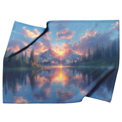 Rose Sunset Over Serene Mountain Lake Snowy Peaks Misty Clouds Radiant Golden Light Fleece Sherpa Blanket - Awakening Righteousness