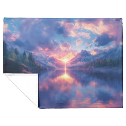 Rose Sunset Over Serene Mountain Lake Snowy Peaks Misty Clouds Radiant Golden Light Fleece Sherpa Blanket - Awakening Righteousness
