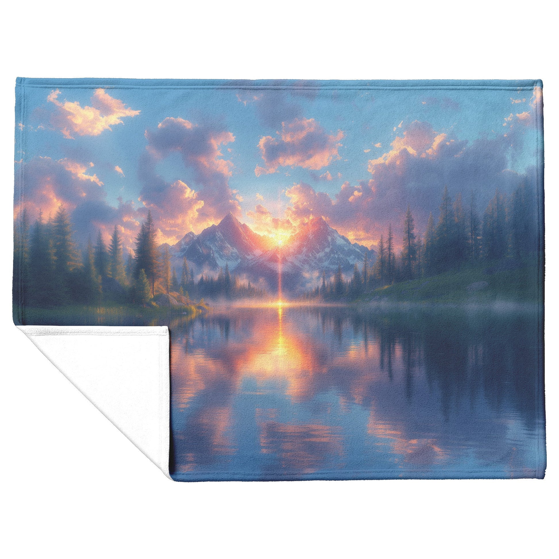 Rose Sunset Over Serene Mountain Lake Snowy Peaks Misty Clouds Radiant Golden Light Fleece Sherpa Blanket - Awakening Righteousness