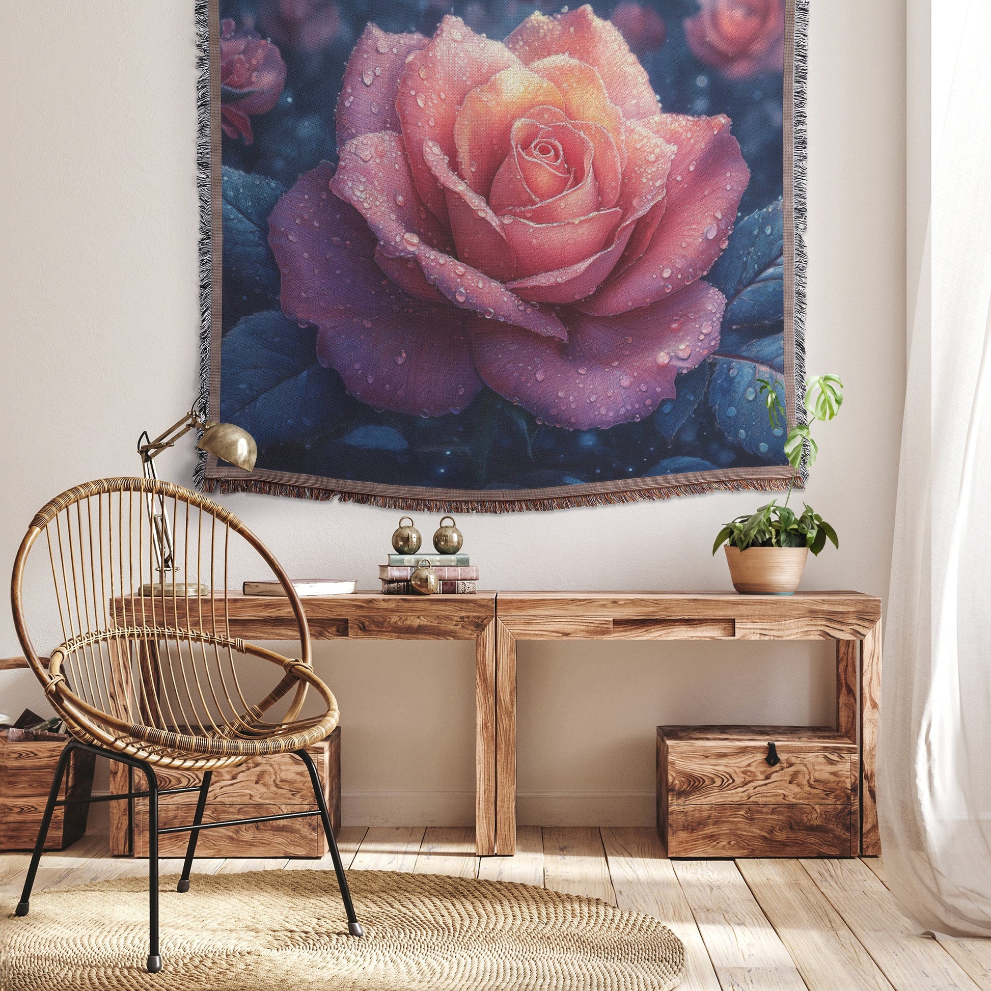 Rose with Dew Drops and Soft Pink Purple Flowers Woven Throw Blanket - Awakening Righteousness