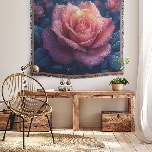Rose with Dew Drops and Soft Pink Purple Flowers Woven Throw Blanket - Awakening Righteousness
