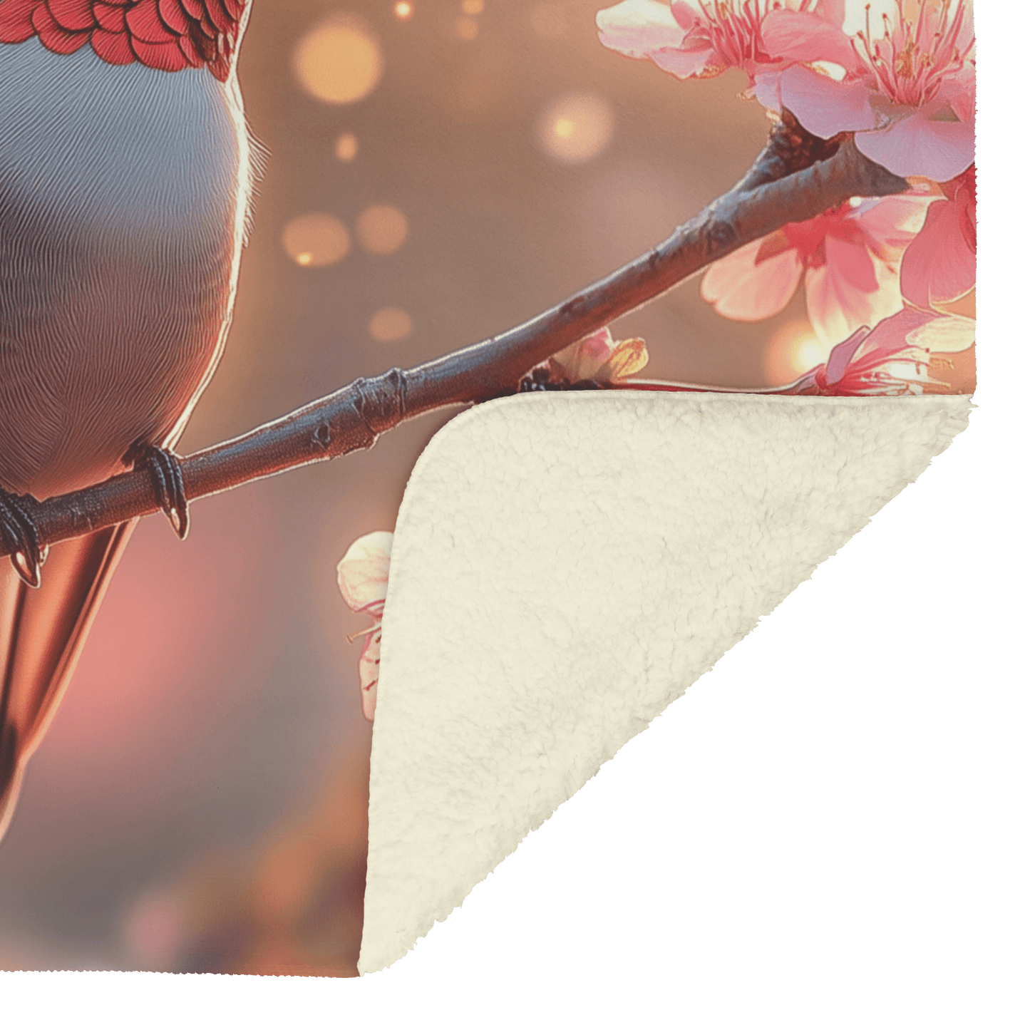 Ruby Throated Hummingbird Perched on Glowing Branch Surrounded by Pink Cherry Blossoms Under Golden Sunlight Fleece Sherpa Blanket - Awakening Righteousness