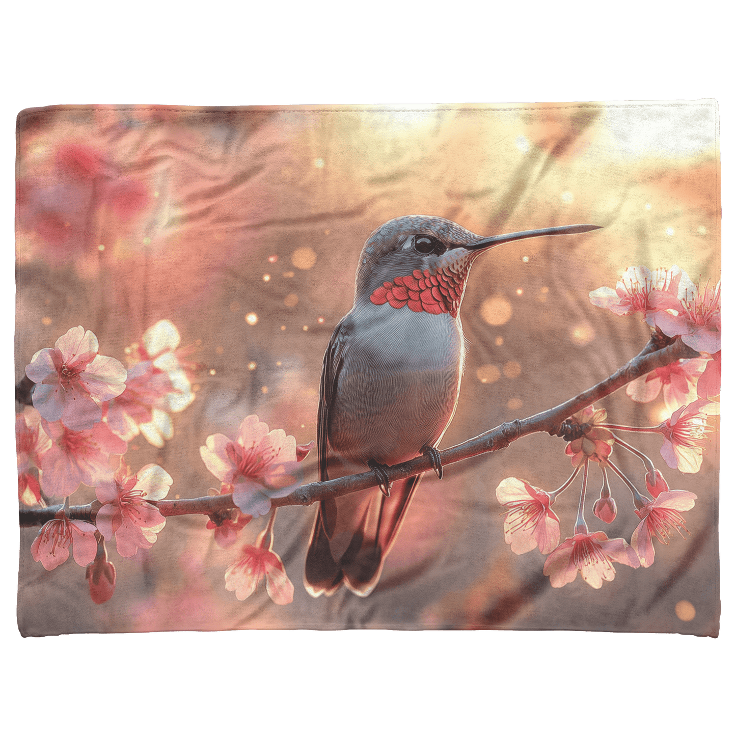 Ruby Throated Hummingbird Perched on Glowing Branch Surrounded by Pink Cherry Blossoms Under Golden Sunlight Fleece Sherpa Blanket - Awakening Righteousness