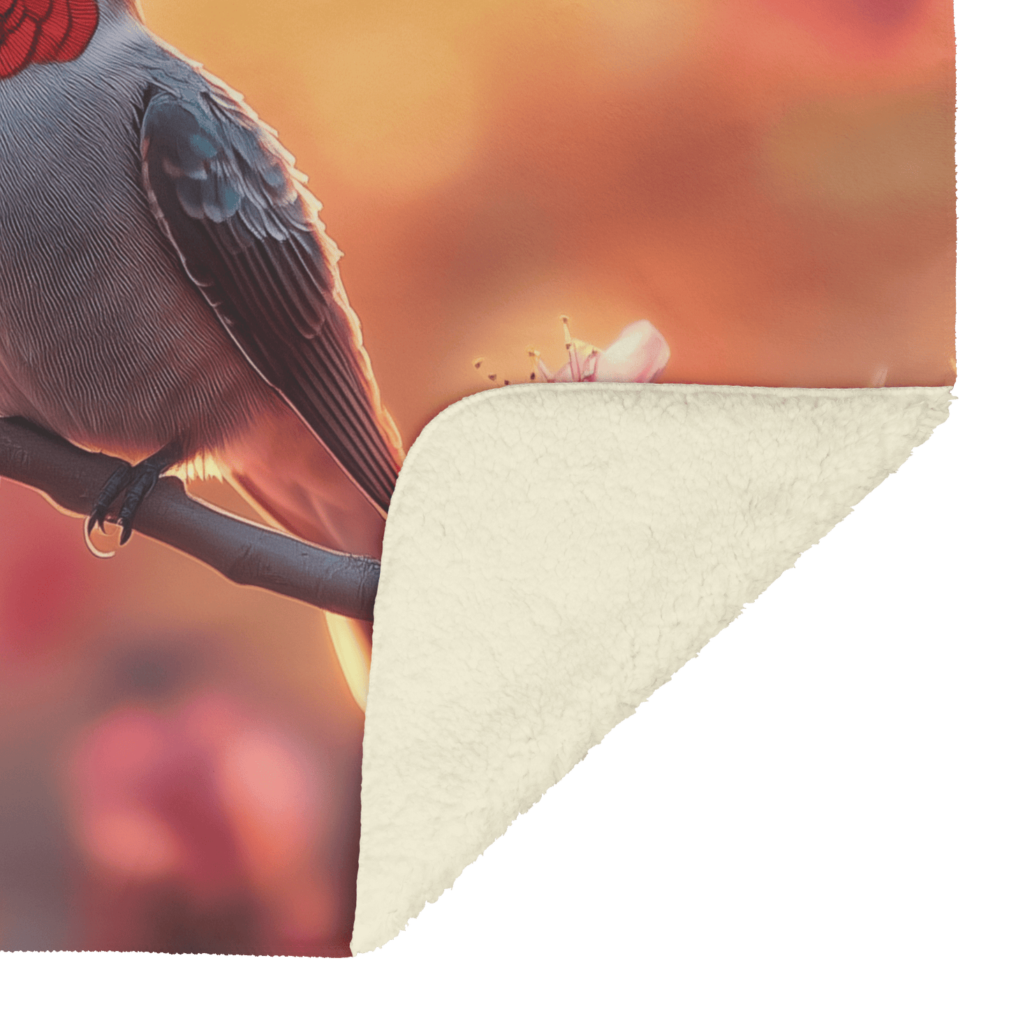 Ruby Throated Hummingbird Perched on Glowing Branch Surrounded by Pink Cherry Blossoms Under Golden Sunlight Fleece Sherpa Blanket - Awakening Righteousness