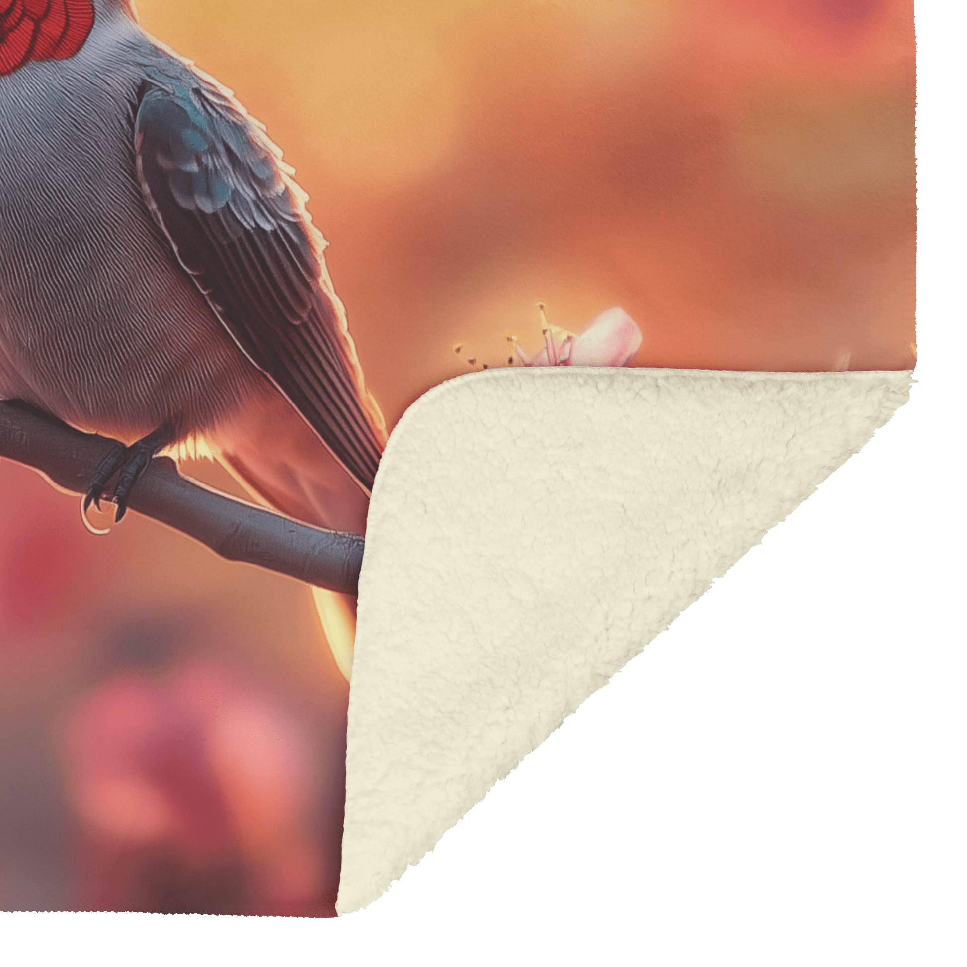 Ruby Throated Hummingbird Perched on Glowing Branch Surrounded by Pink Cherry Blossoms Under Golden Sunlight Fleece Sherpa Blanket - Awakening Righteousness