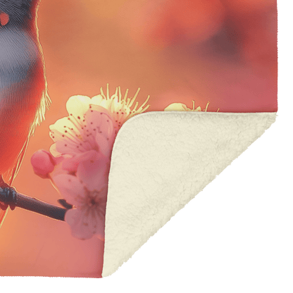 Ruby Throated Hummingbird Perched on Glowing Branch Surrounded by Pink Cherry Blossoms Under Golden Sunlight Fleece Sherpa Blanket - Awakening Righteousness