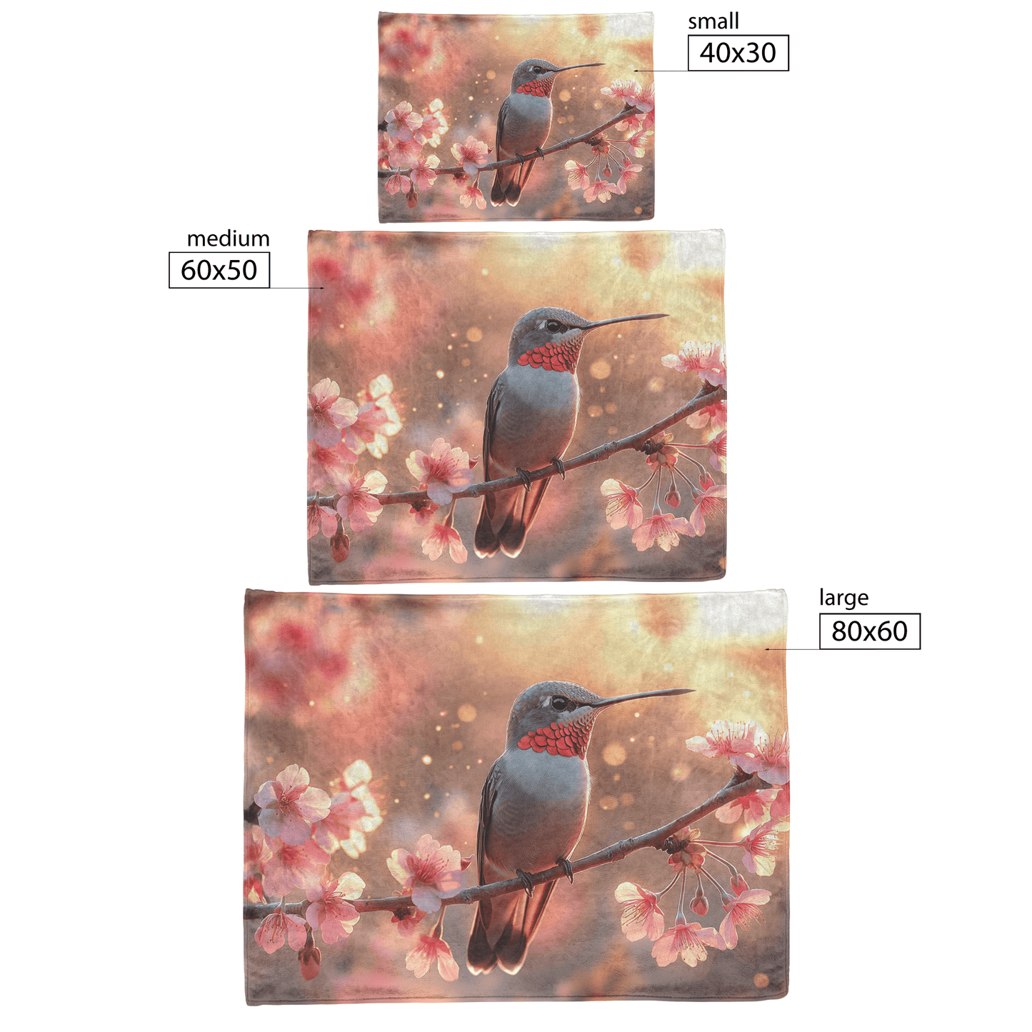Ruby Throated Hummingbird Perched on Glowing Branch Surrounded by Pink Cherry Blossoms Under Golden Sunlight Fleece Sherpa Blanket - Awakening Righteousness