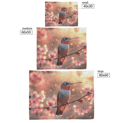 Ruby Throated Hummingbird Perched on Glowing Branch Surrounded by Pink Cherry Blossoms Under Golden Sunlight Fleece Sherpa Blanket - Awakening Righteousness