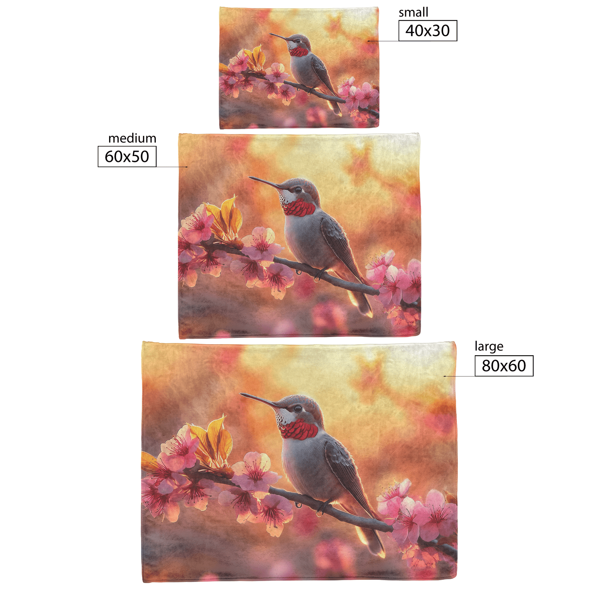 Ruby Throated Hummingbird Perched on Glowing Branch Surrounded by Pink Cherry Blossoms Under Golden Sunlight Fleece Sherpa Blanket - Awakening Righteousness
