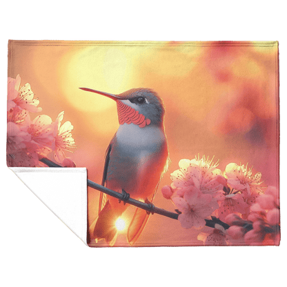 Ruby Throated Hummingbird Perched on Glowing Branch Surrounded by Pink Cherry Blossoms Under Golden Sunlight Fleece Sherpa Blanket - Awakening Righteousness