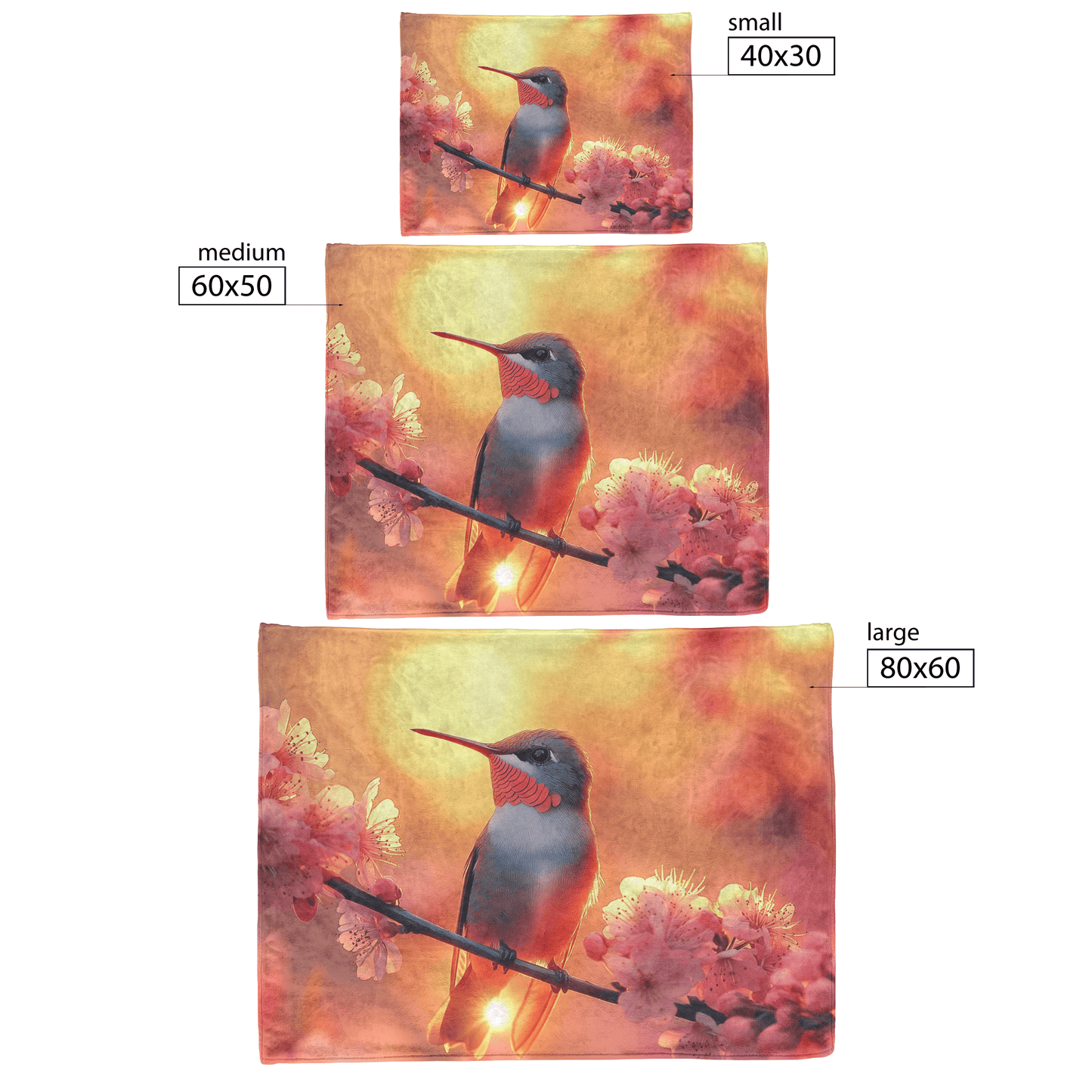 Ruby Throated Hummingbird Perched on Glowing Branch Surrounded by Pink Cherry Blossoms Under Golden Sunlight Fleece Sherpa Blanket - Awakening Righteousness