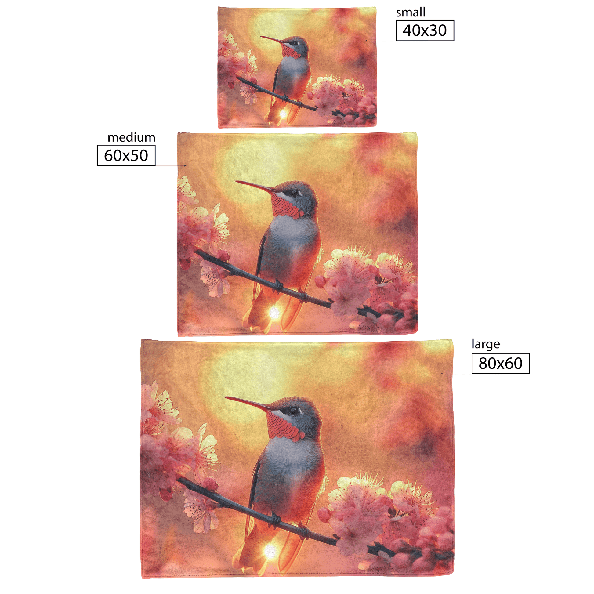 Ruby Throated Hummingbird Perched on Glowing Branch Surrounded by Pink Cherry Blossoms Under Golden Sunlight Fleece Sherpa Blanket - Awakening Righteousness