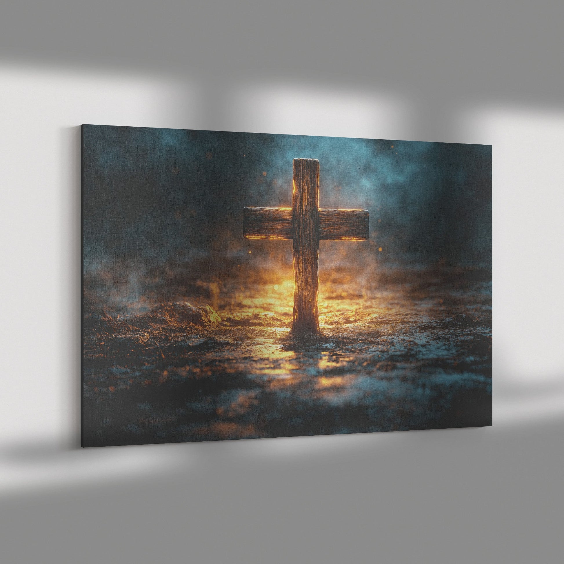 Rustic Wooden Cross in Glow Christian Canvas Wall Art Symbolizing Faith Hope and Light for Home or Prayer Room Decor - Awakening Righteousness
