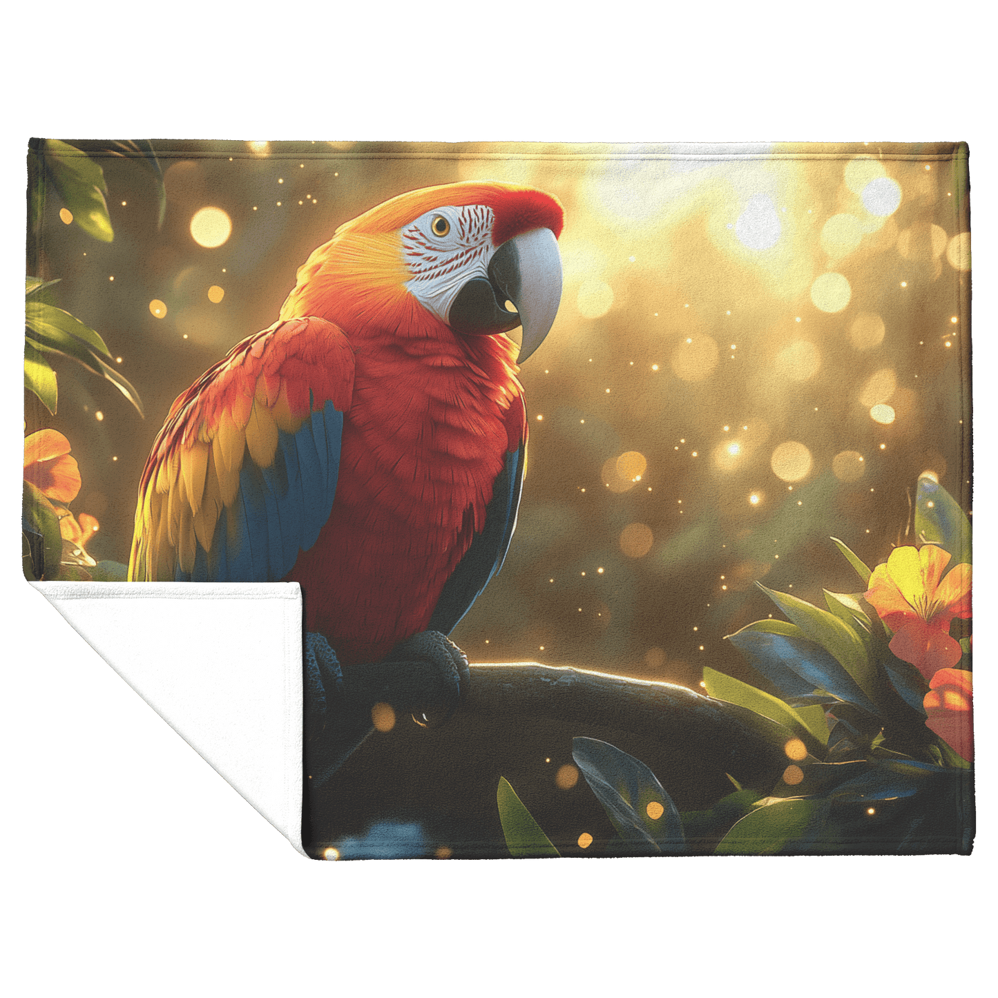 Scarlet Macaw Perched on Glowing Jungle Branch Surrounded by Tropical Flowers and Golden Sunlight Fleece Sherpa Blanket - Awakening Righteousness