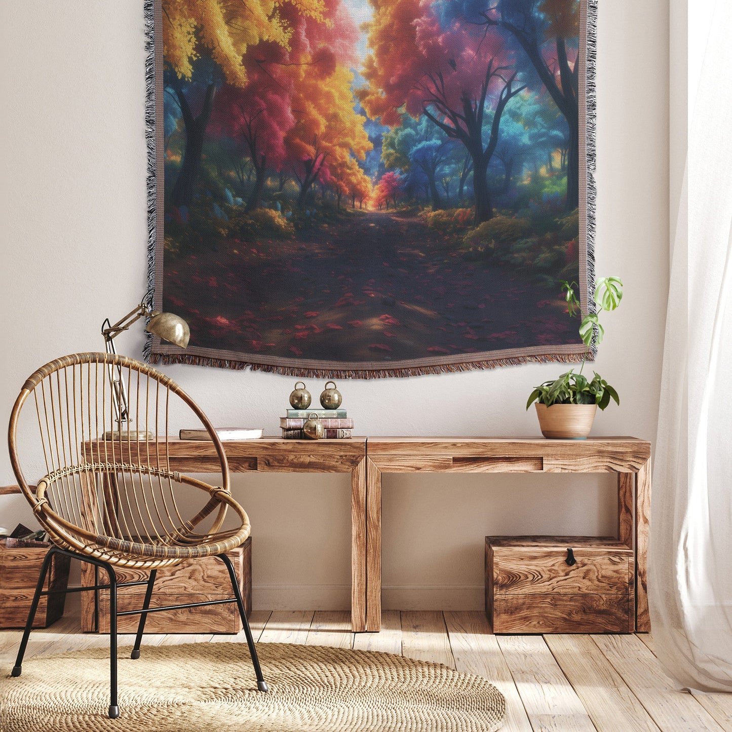 Scenic Forest Path With Colorful Autumn Trees Falling Leaves Serene Nature Woven Throw Blanket - Awakening Righteousness