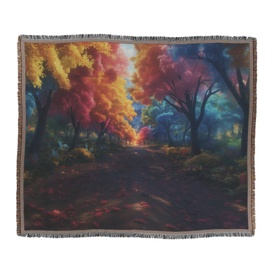 Scenic Forest Path With Colorful Autumn Trees Falling Leaves Serene Nature Woven Throw Blanket - Awakening Righteousness