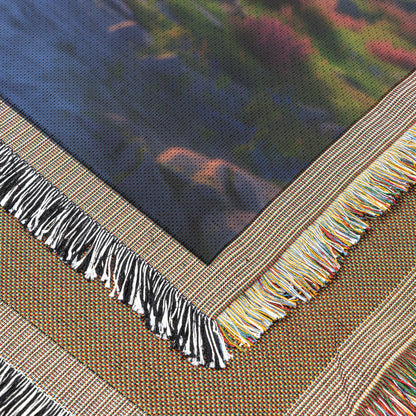 Scenic Mountain Stream with Vibrant Flowers and Sunset Woven Throw Blanket for Home Decor - Awakening Righteousness