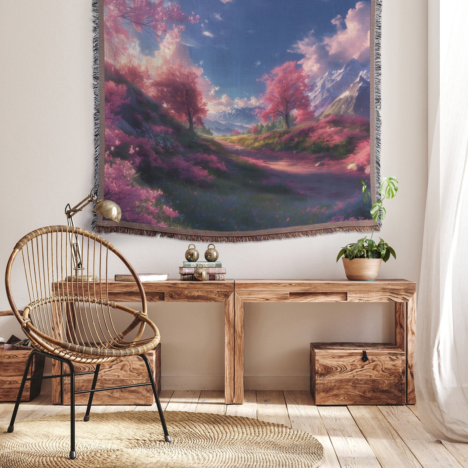 Scenic Pathway Through Blossoming Trees with Majestic Mountain View Woven Throw Blanket for Home Decor - Awakening Righteousness