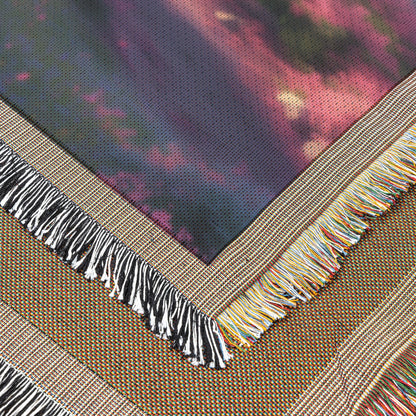 Scenic Pathway Through Blossoming Trees with Majestic Mountain View Woven Throw Blanket for Home Decor - Awakening Righteousness
