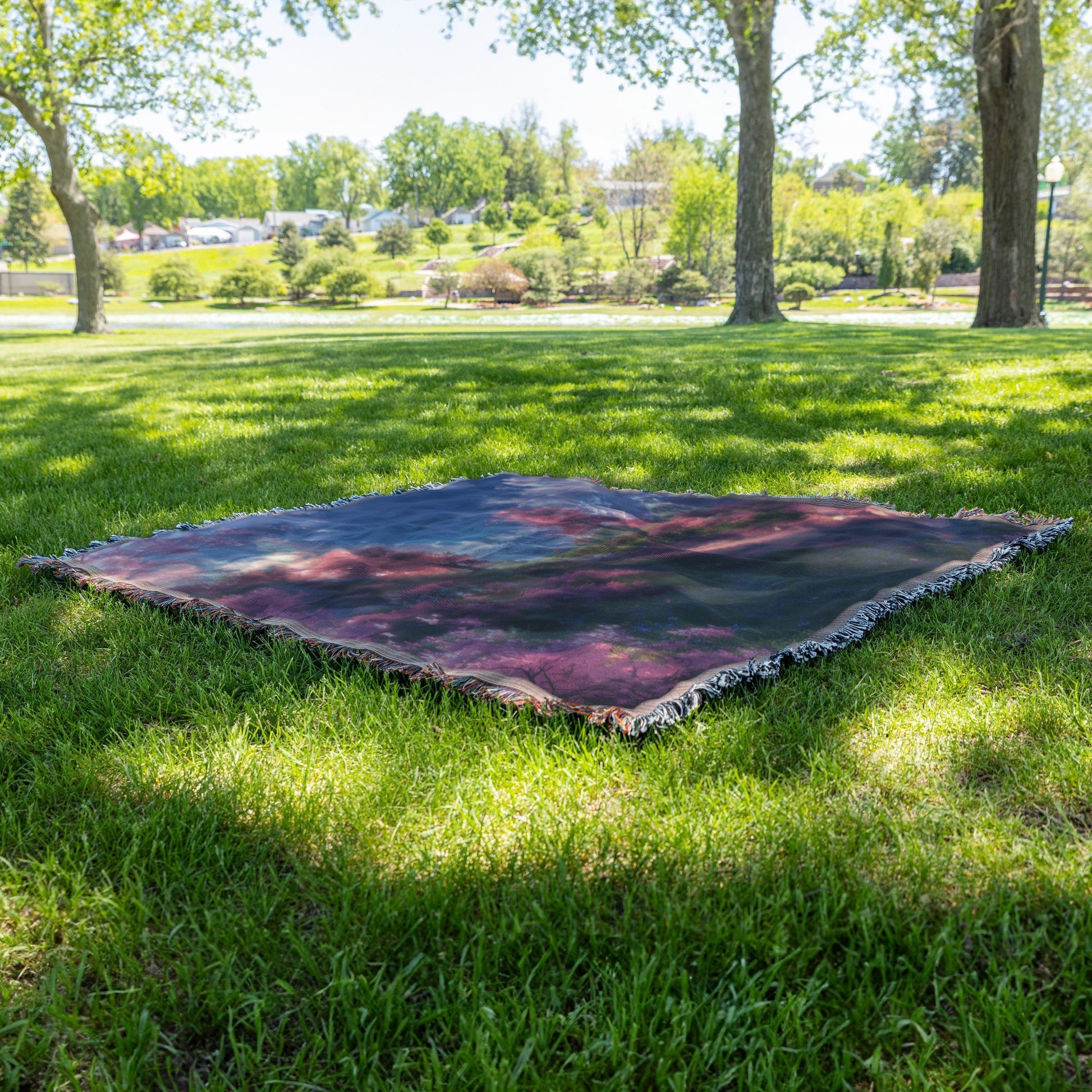 Scenic Pathway Through Blossoming Trees with Majestic Mountain View Woven Throw Blanket for Home Decor - Awakening Righteousness