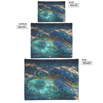 Sea Turtle Swimming Gracefully in Bioluminescent Ocean Under Twilight Sky with Glowing Green and Blue Shell Fleece Sherpa Blanket - Awakening Righteousness