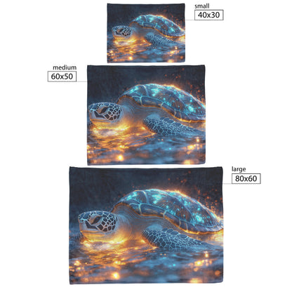 Sea Turtle Swimming Gracefully in Bioluminescent Ocean Under Twilight Sky with Glowing Green and Blue Shell Fleece Sherpa Blanket - Awakening Righteousness