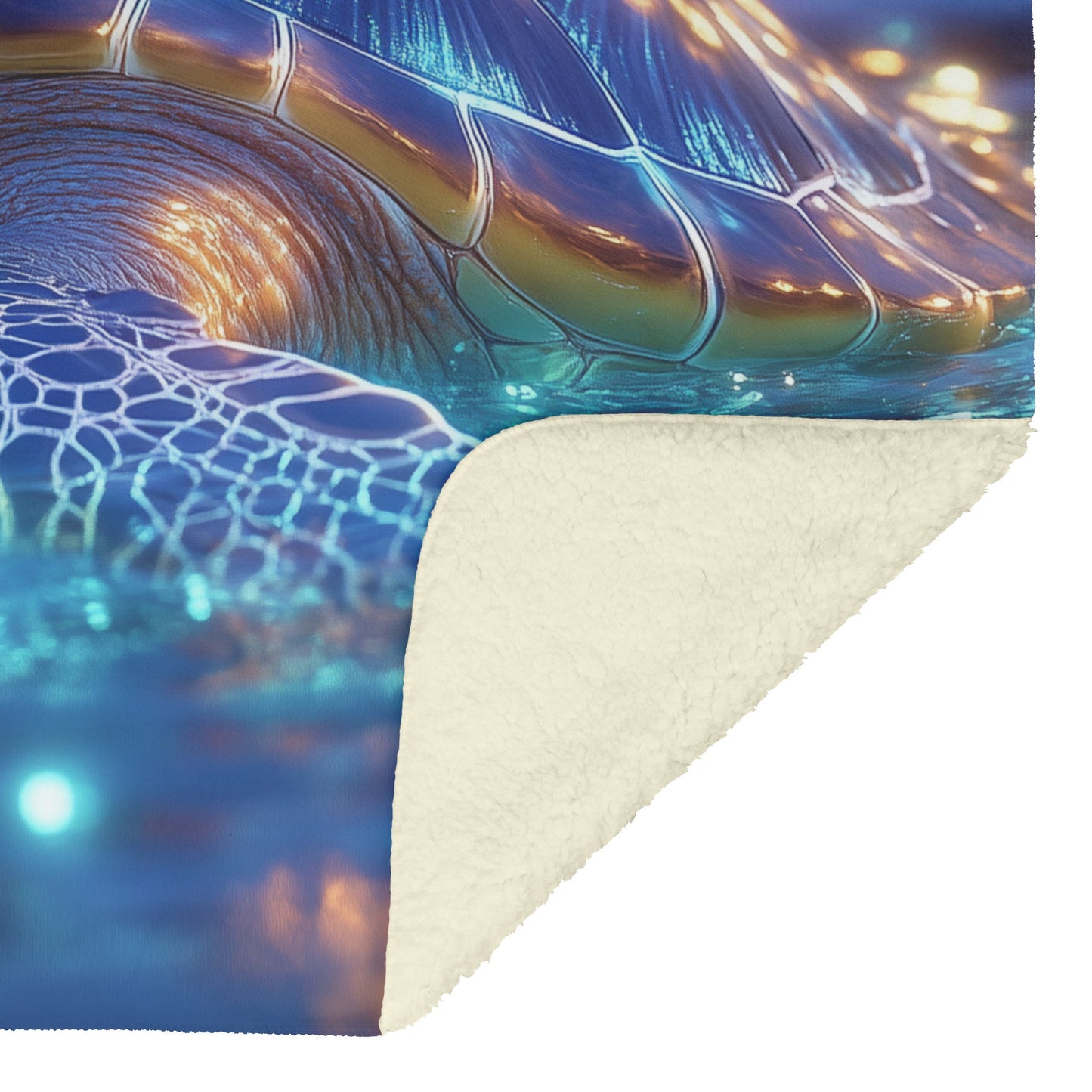 Sea Turtle Swimming Gracefully in Bioluminescent Ocean Under Twilight Sky with Glowing Green and Blue Shell Fleece Sherpa Blanket - Awakening Righteousness