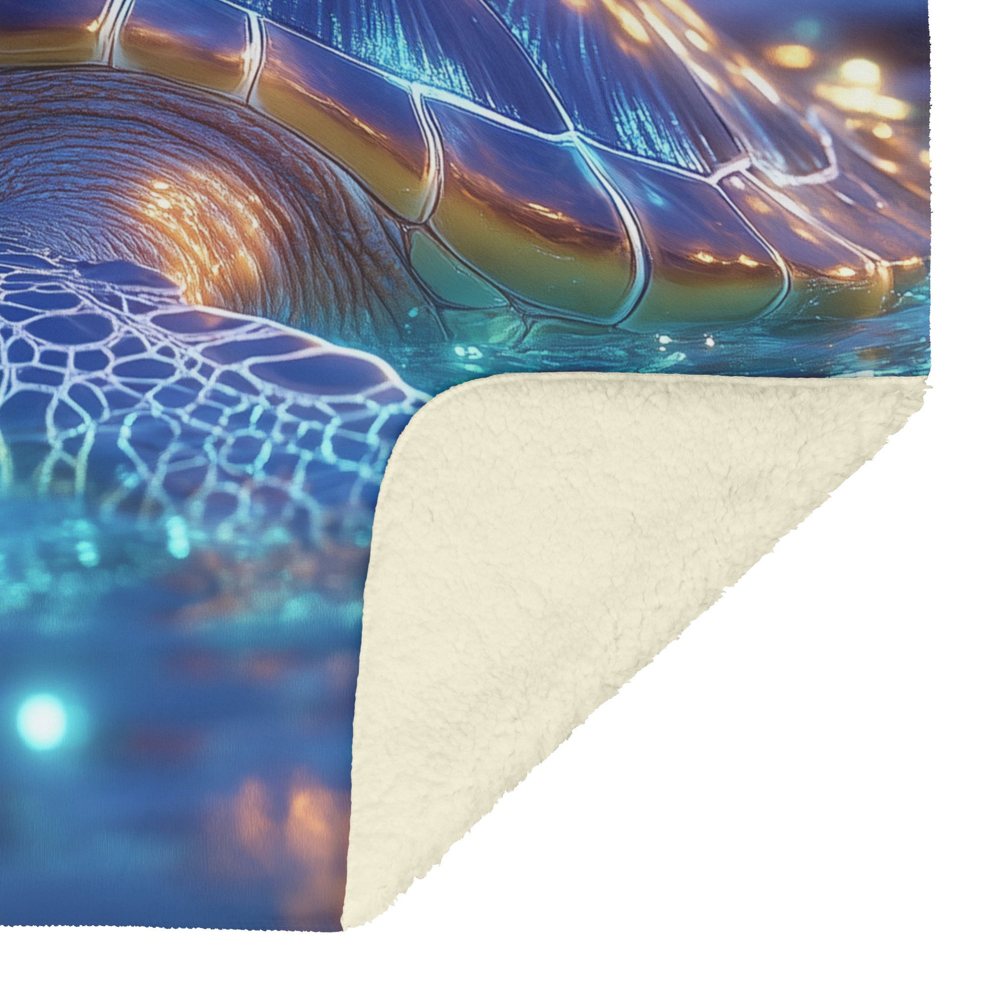 Sea Turtle Swimming Gracefully in Bioluminescent Ocean Under Twilight Sky with Glowing Green and Blue Shell Fleece Sherpa Blanket - Awakening Righteousness